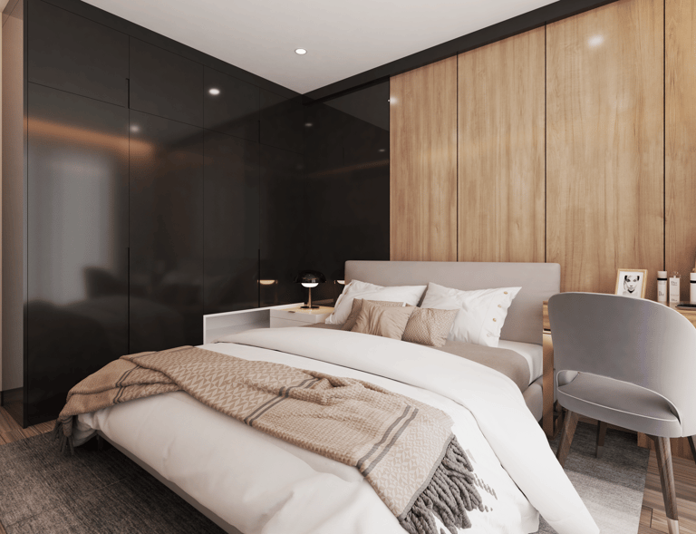 projeto de residencia, quarto, render 3d e iluminação.