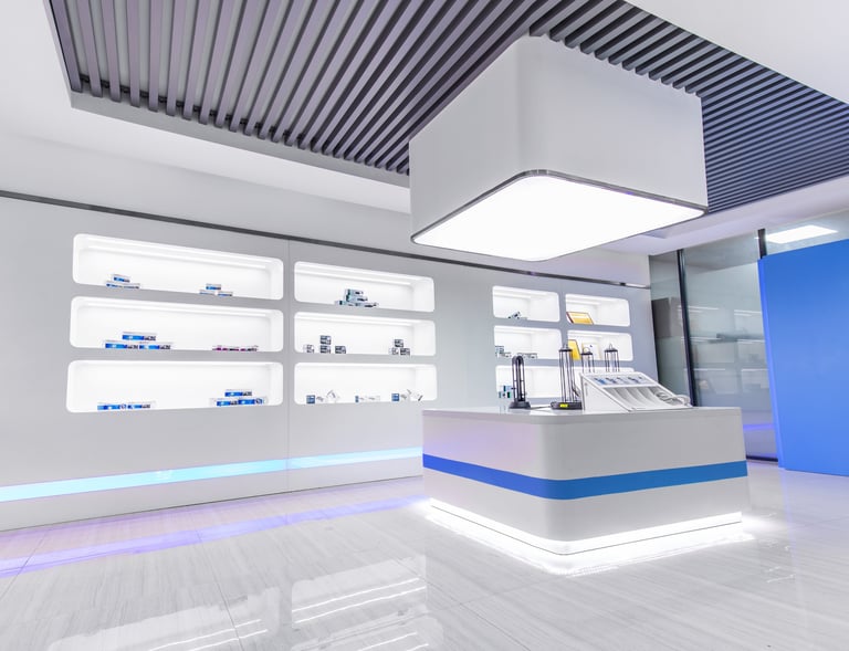 Modern medical showroom interior with white product display shelves and blue LED accent lighting.