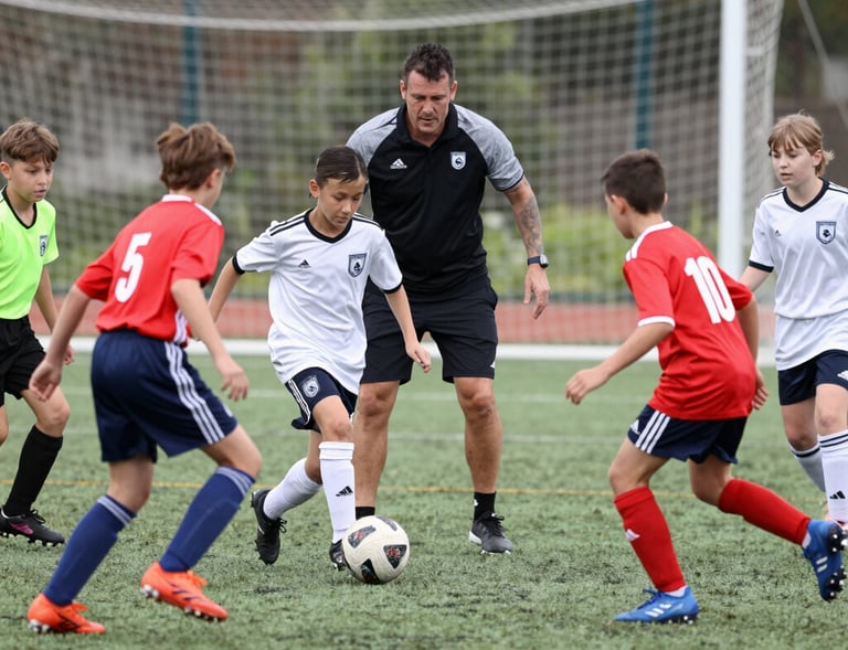 A group of smiling children eagerly playing soccer on a bright, sunny field surrounded by green trees.