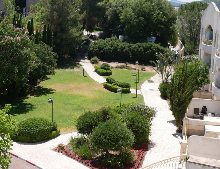 a view of a garden with a staircase and a clock tower