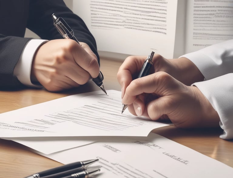 Professional consultant discussing legal documents with clients in a modern office setting.