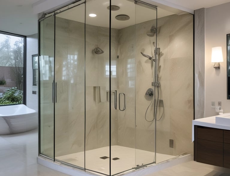 Polished glass cabinet doors showcasing fine china in a high-end kitchen.