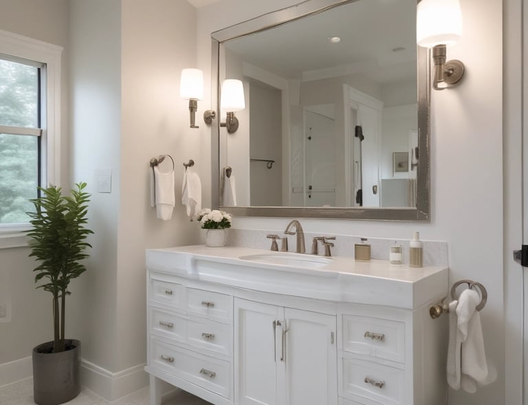 Crystal-clear glass shower doors shining under soft bathroom lighting.