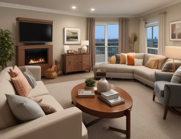 A cozy living room in the community residence with warm lighting and comfortable seating.