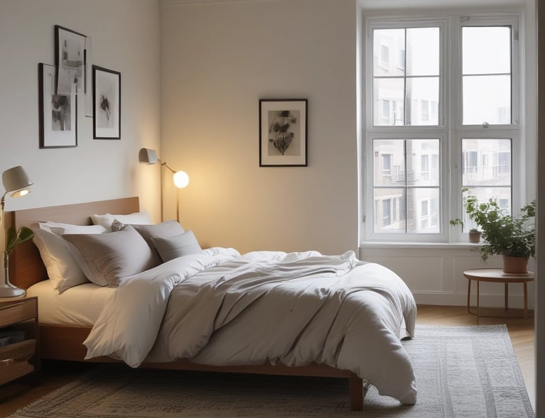 A quiet bedroom featuring simple, clean furnishings promoting restful sleep.