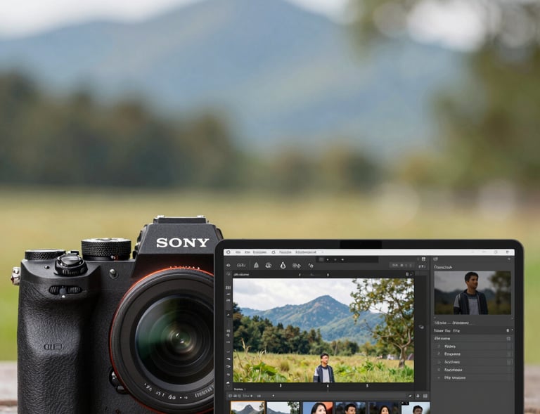 A computer screen displaying photo and video editing software with colorful timelines and images.