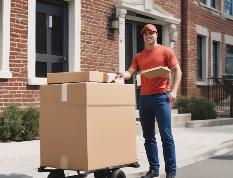 A Droptt parcel delivery driver handing a package to a smiling customer at their doorstep.