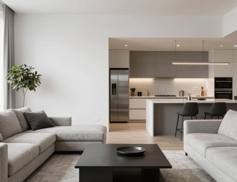 Electric blinds and ducted air system controls displayed in a minimalist living room