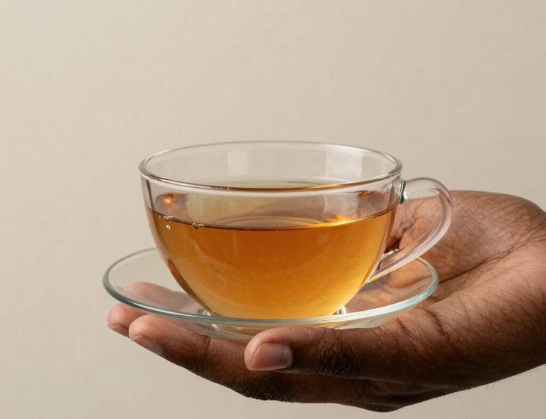 Hands gently holding a warm cup of herbal tea with steam rising against a soft background