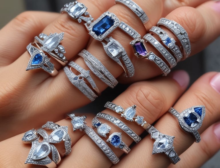 A set of delicate rings featuring mixed metals and small diamonds, arranged artfully on a marble slab.