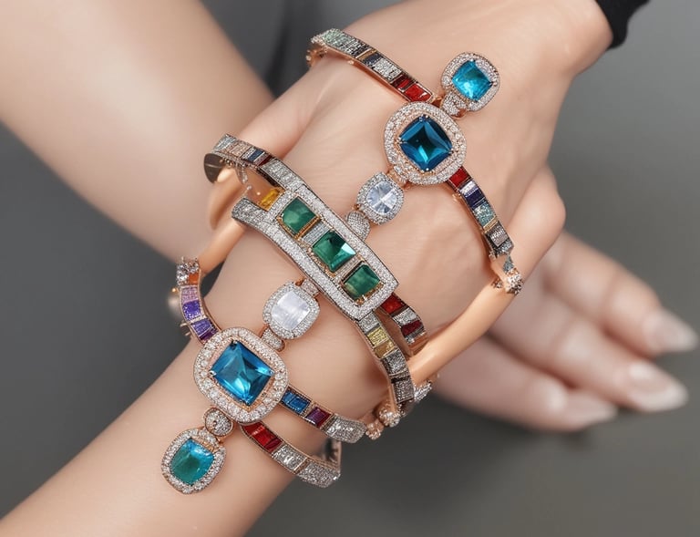 A trendy fashion necklace with colorful gemstones, draped over a rustic stone background.