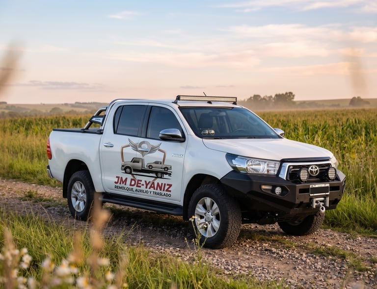 Camioneta Toyota Hilux Blanca para remolques y auxilios vehiculares. 