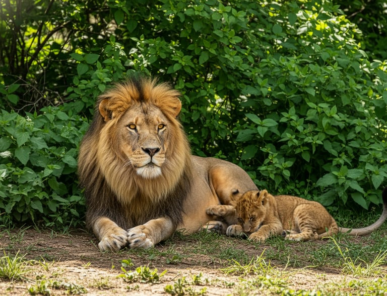 A male African lion with a large mane rests beside a small lion cub in front of green bushes.