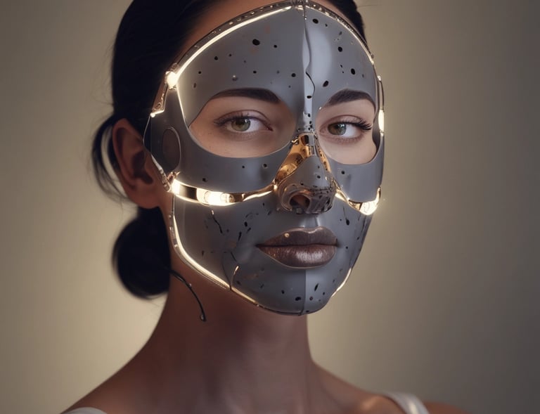 A flat lay of beauty tech gadgets and natural skincare products arranged on a light wooden surface with soft shadows.