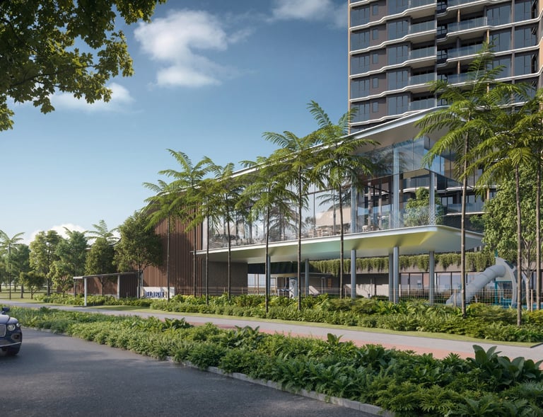 Modern luxury apartment building with tropical palm trees and a blue car on a paved road.