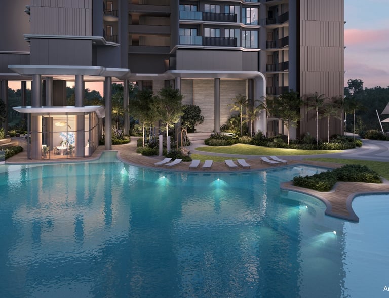 Luxury residential condo swimming pool with modern architecture and lush landscaping at sunset.