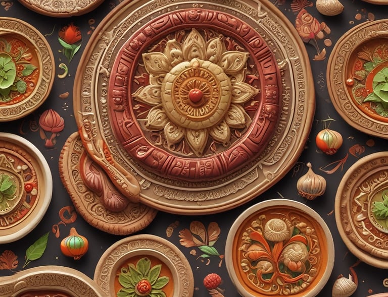 A bustling food stall at swaad sutra with colorful spices and fresh ingredients displayed under warm lighting.