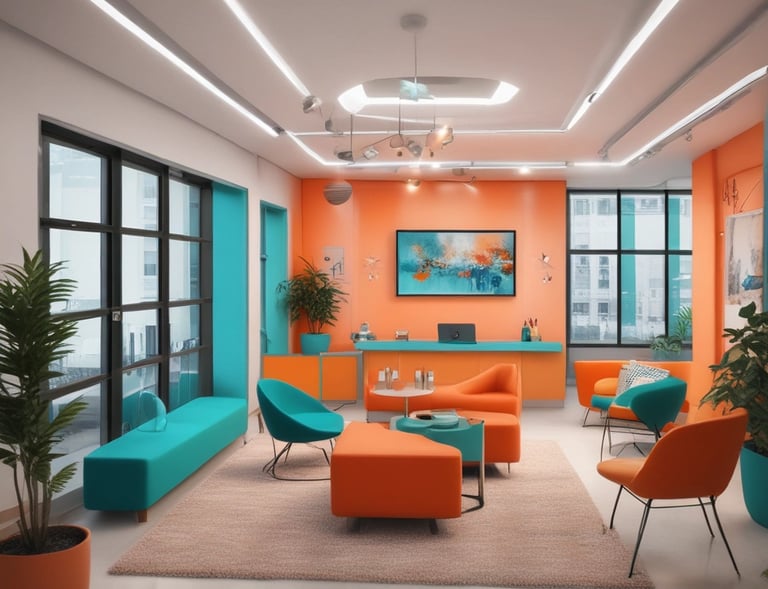 Smiling diverse group of job applicants in a bright room with orange and deep sea teal decor.