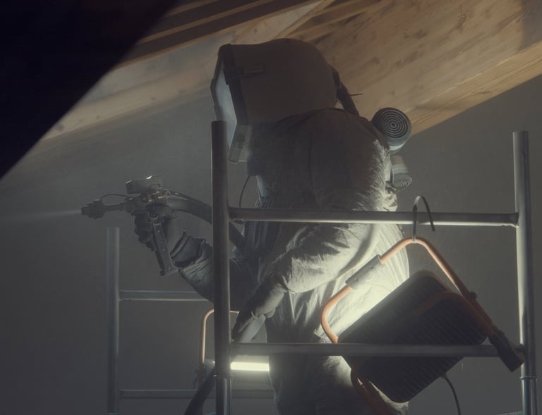 A professional contractor in a protective hazmat suit installing spray foam insulation in a residential attic.