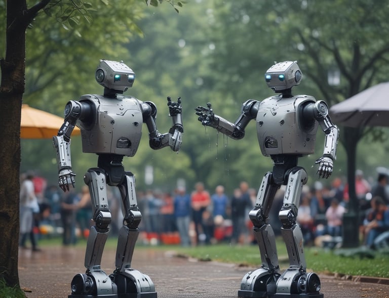 Two robots facing each other, playfully shaking their butts in a dance-off.