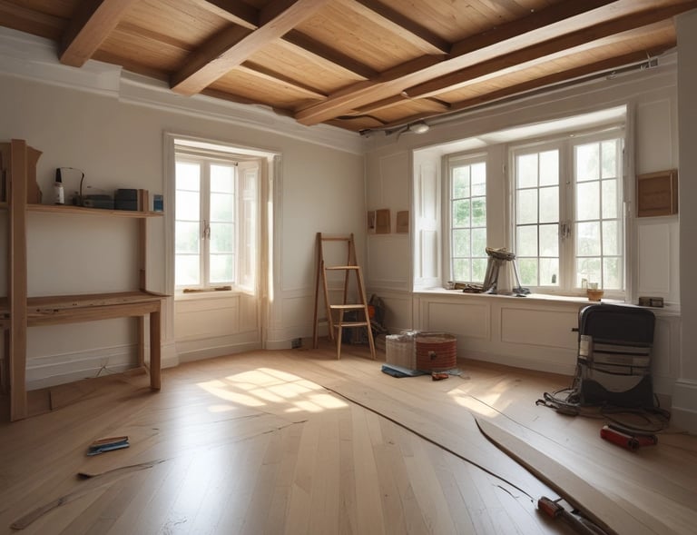 After photo of the living room transformed with fresh paint, new floors, and modern lighting.