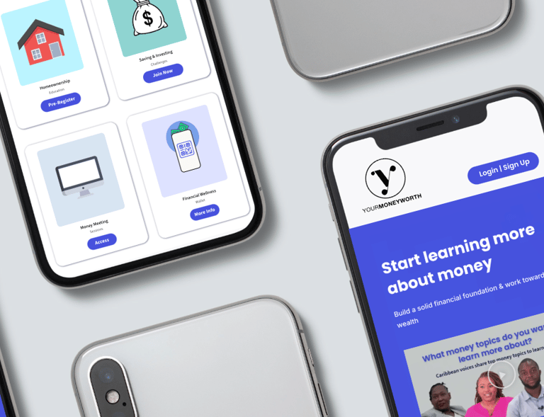A mobile financial app interface showing money management tools and investment education modules on smartphones.
