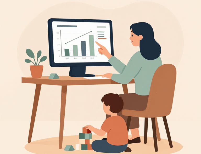 A professional woman working on a laptop with a family photo on the desk nearby.
