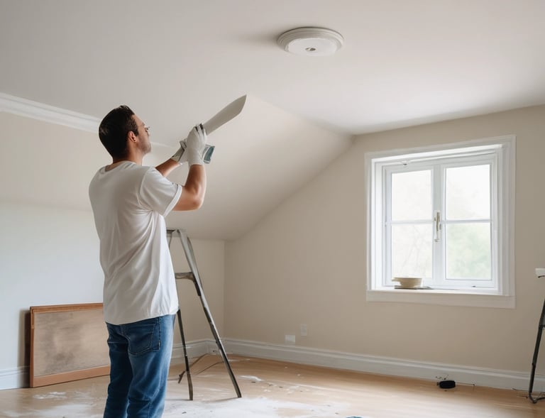 Close-up of a painter’s hand carefully detailing gold accents on a textured wall surface.