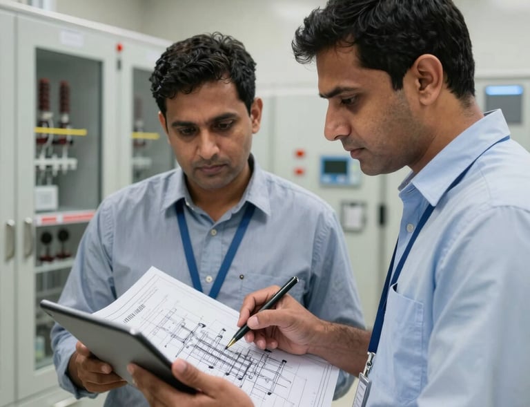South Asian engineers reviewing detailed industrial blue prints on an digital tablet inside a clean, modern electrical substation, sharp corporate focus, authoritative B2B mood.