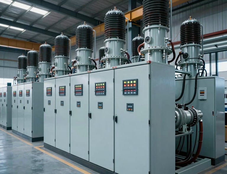 Wide-angle crisp architectural shot of an Indian industrial electrical warehouse, showcasing structured rows of industrial control panels and heavy-duty cabling, corporate slate blue lighting, precision engineering aesthetic.