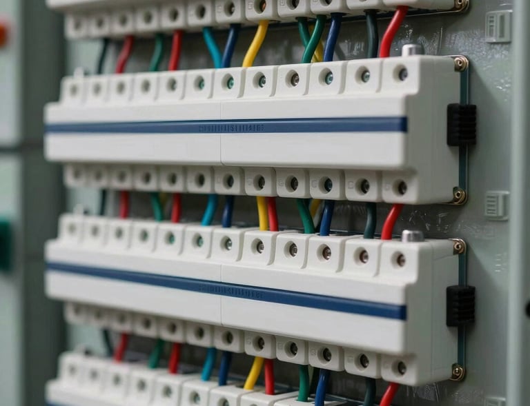 Close-up of highly structured South Asian electrical distribution board, neat multi-colored wiring, engineered precision, high professional technical detail, white and navy accents.