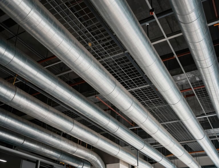 Indian commercial building complex interior showcasing flawlessly routed electrical ducts and pristine cable trays running along structured ceiling grids, modern engineering precision.