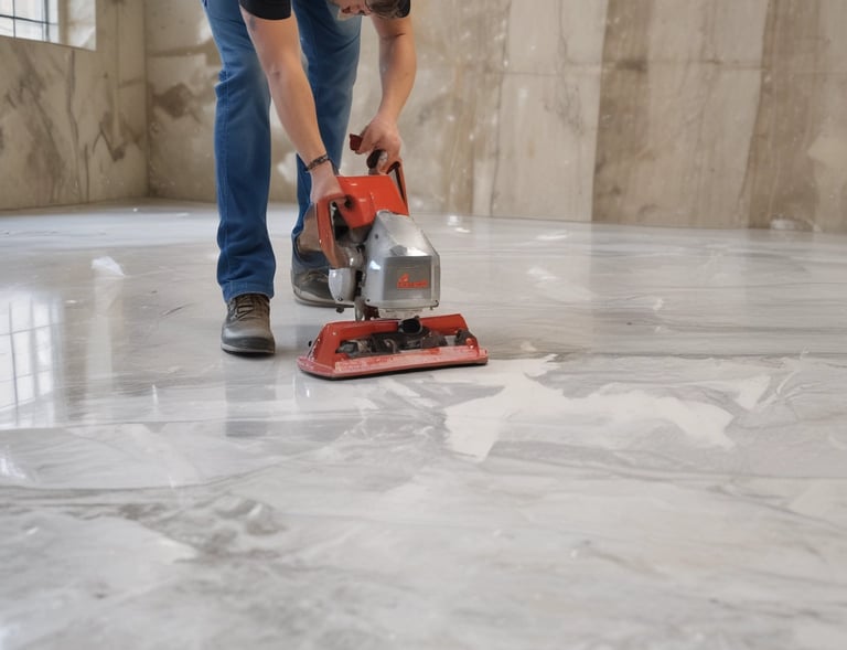 Close-up of a professional polishing a marble floor with a monobrosse machine, highlighting the shine.