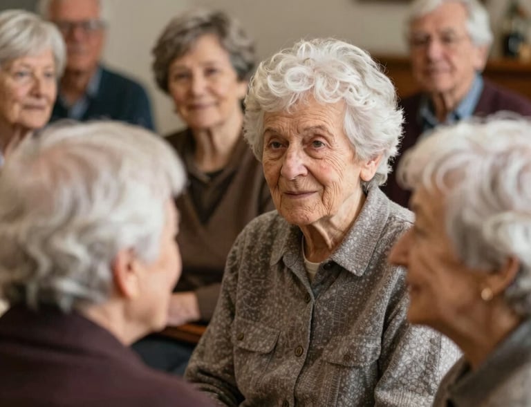 Warm group therapy session in a bright, welcoming room with calming blue walls.