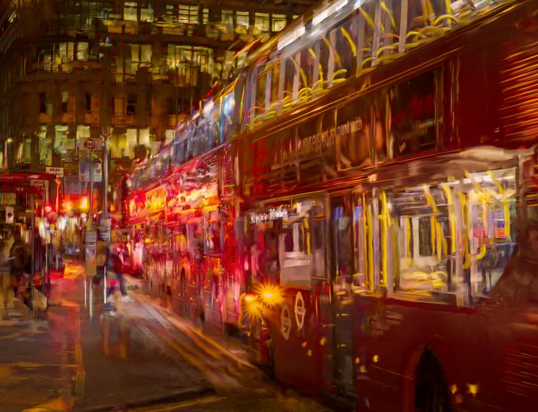 Buses at nighttime in London