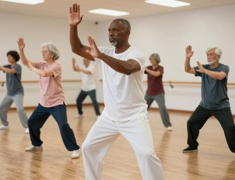A serene zoom screenshot showing a middle-aged group practicing tai chi in their living rooms.