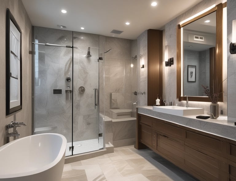 Modern bathroom renovation featuring sleek fixtures and a spacious walk-in shower with glass doors.