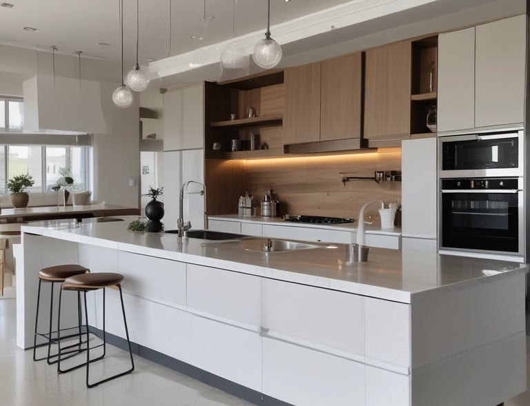 Spacious kitchen island with custom cabinetry and subtle under-cabinet lighting creating a warm ambiance.