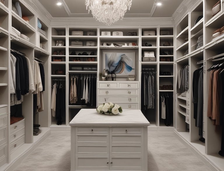 Elegant closet design showcasing organized shelves and minimalist hardware in a light, airy space.