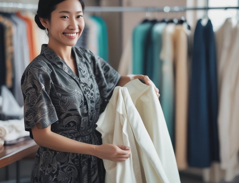 A smiling staff member inspecting a perfectly cleaned evening gown under soft lighting.