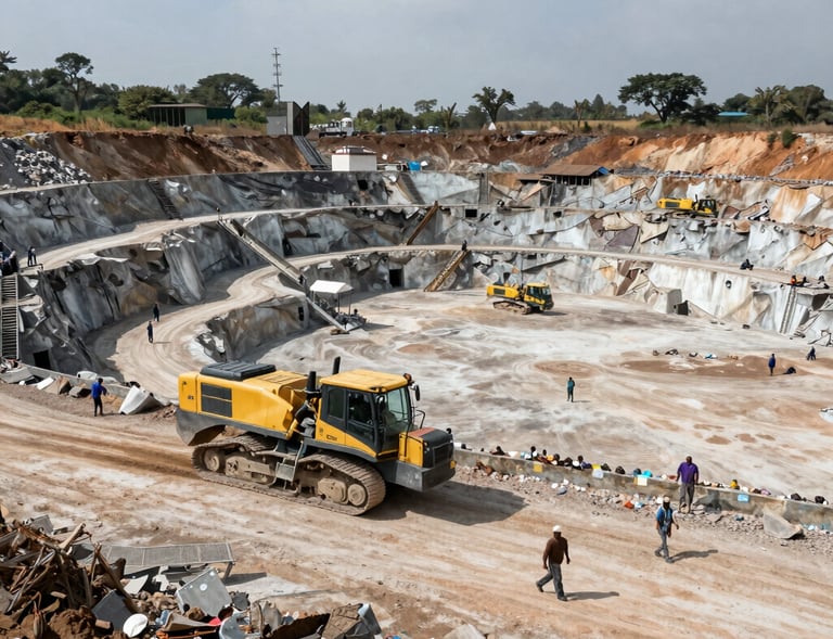 Close-up of a crane lifting heavy materials at a bustling construction site.