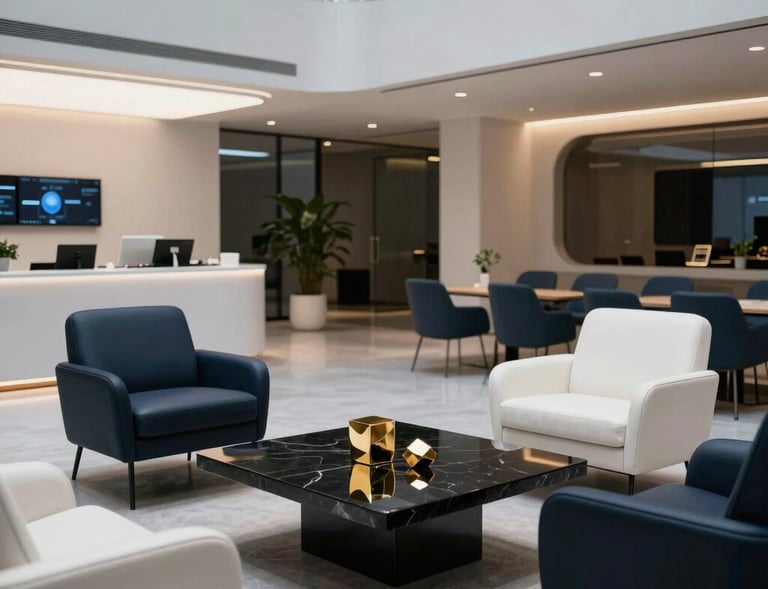 An elite creative collaborative lounge inside a futuristic tech company, Global / North American setting. Minimalist navy and white leather chairs arranged around a polished black marble coffee table with subtle golden geometric sculptures. Ambient evening lighting, sophisticated architectural digest style.