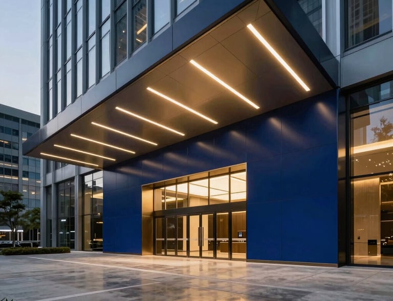 Ultra-modern architectural shot of a luxurious tech company entrance in a Global / North American office tower. High ceilings, sleek polished concrete floors reflecting linear royal gold light panels, and a deep celestial navy feature wall, majestic corporate entrance, dusk lighting.