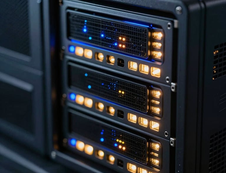 Detail shot of high-end server hardware in a premium digital agency, glowing with celestial blue and amber-gold indicator lights. Clean, dark aesthetic with polished metal reflections, representing cutting-edge performance and elite security, cinematic close-up.