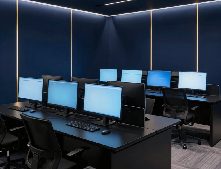 Interior photograph of a premium, state-of-the-art software lab in a Global / North American tech district. Sleek workstations with curved monitors emitting soft blue light, matte black tables, minimalist deep navy walls with thin integrated royal gold lighting panels, ultra-modern luxury corporate atmosphere.