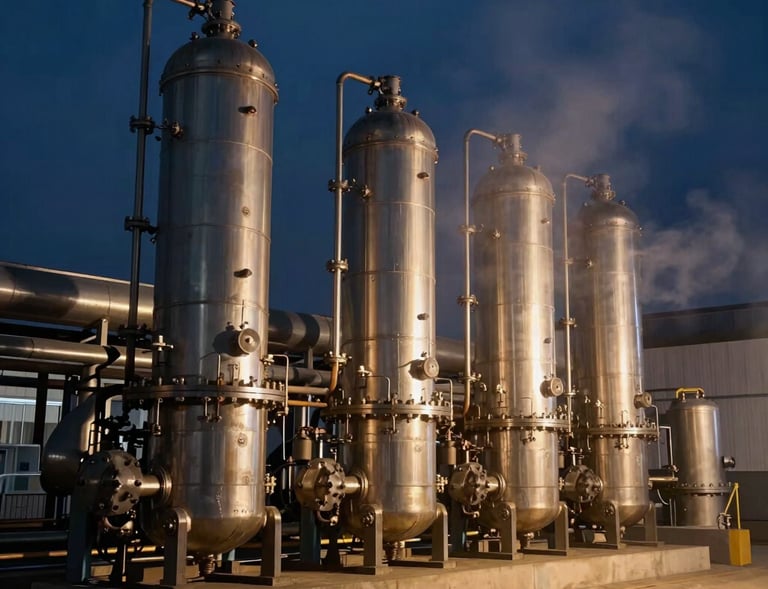 Close-up of advanced refining equipment processing fuel under bright industrial lighting.