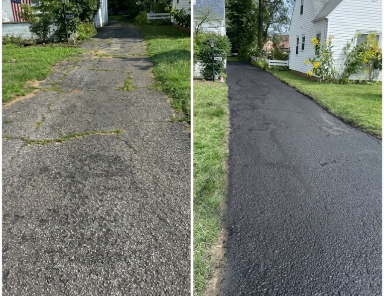 shows the before and after view of a newly sealcoated driveway
