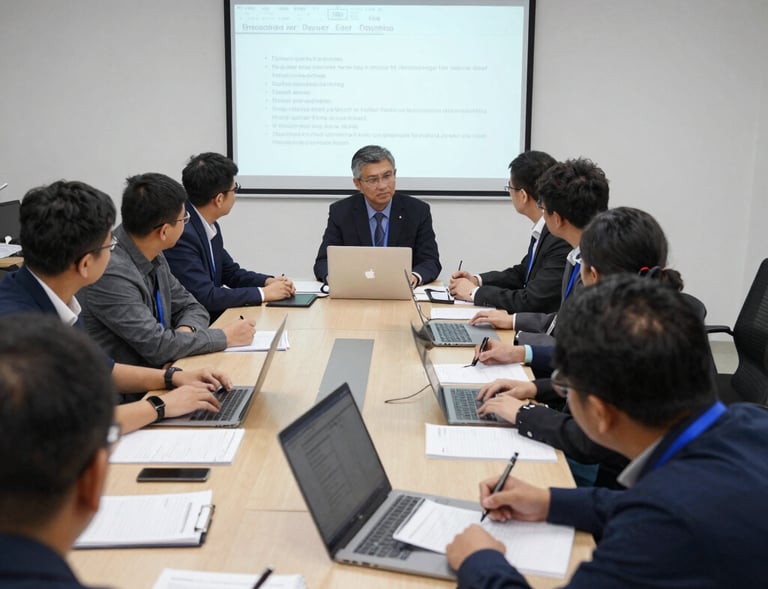 An instructor guiding participants through a hands-on outsourcing workshop.