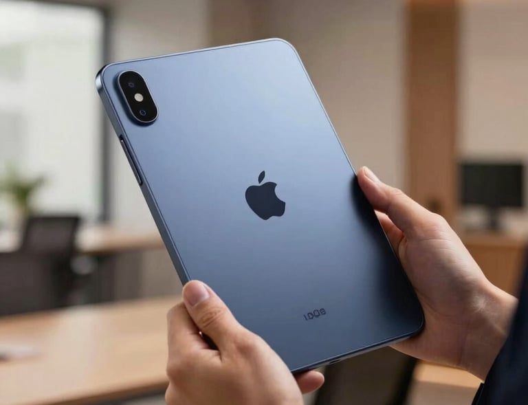 A focused shot of a professional hand holding a Soft Azure tablet in a modern office with Midnight Navy accents, warm natural lighting, professional atmosphere.
