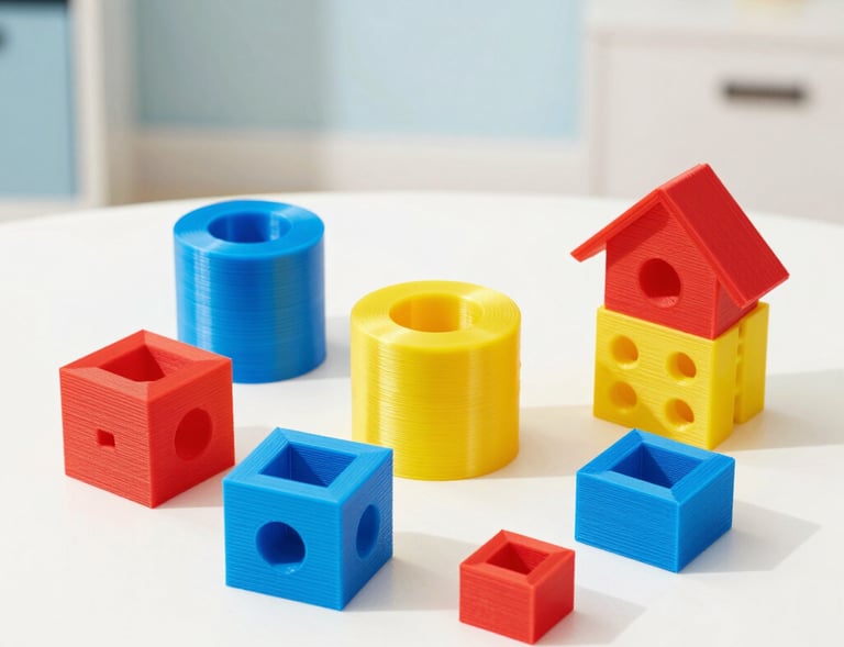 Array of colorful 3D printed components arranged neatly on a workbench.